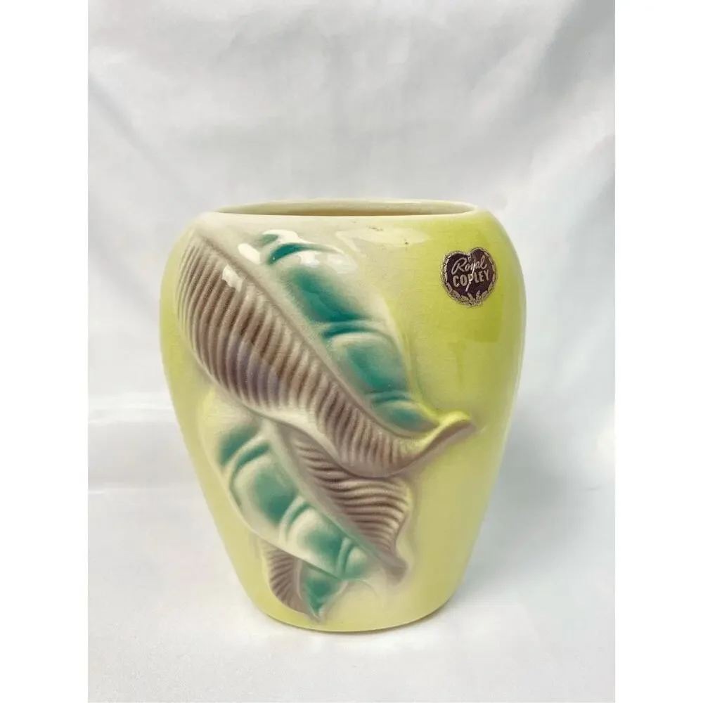 Vintage Royal Copley Yellow Green Stylized Leaf Vase‎